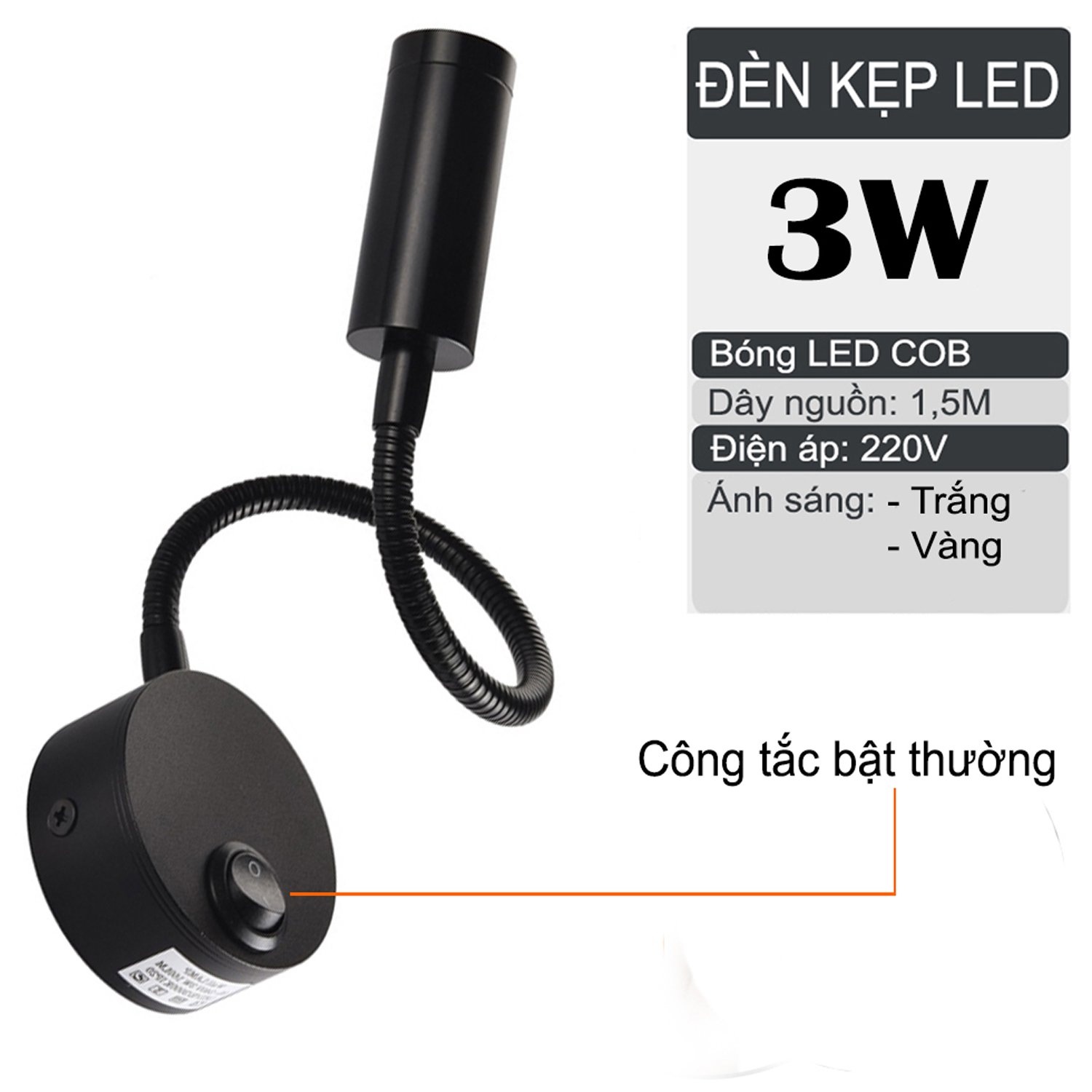 Đèn đọc sách đầu giường LED 3W, Loại gắn tường, Ánh sáng chiếu rọi điểm