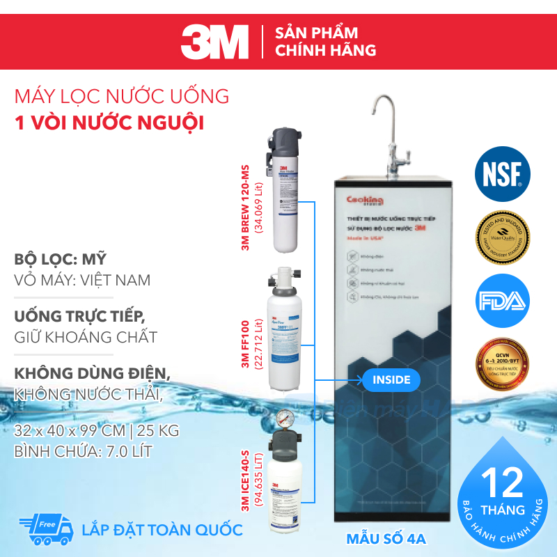 Máy Lọc Nước Nóng Lạnh 3M BREW110 (13.247L) | 3M BREW120-MS (34.069L) | 3M ICE140-S (94.635L) Công Suất Lớn, Nước Sạch Uống Trực Tiếp Cho Gia Đình, Văn Phòng, Cơ Quan, Cửa Hàng, Công Nghệ NANO 3M Mỹ... - Hàng Chính Hãng 3M, Nhập Khẩu Mỹ