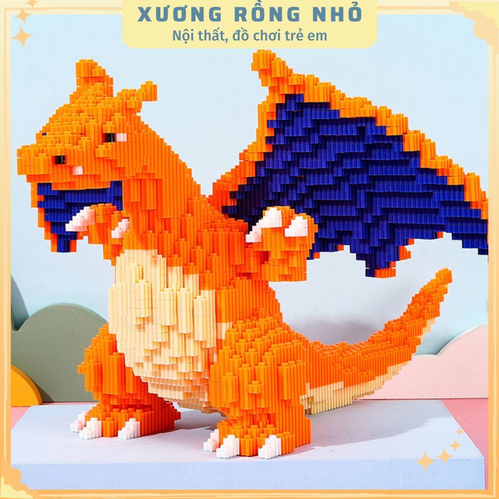 Mô hình Rồng Lửa Charizard cỡ lớn size to 26cm đồ chơi xếp hình nano 3d cho bé chuẩn mẫu, RỒNG CAM 26CM