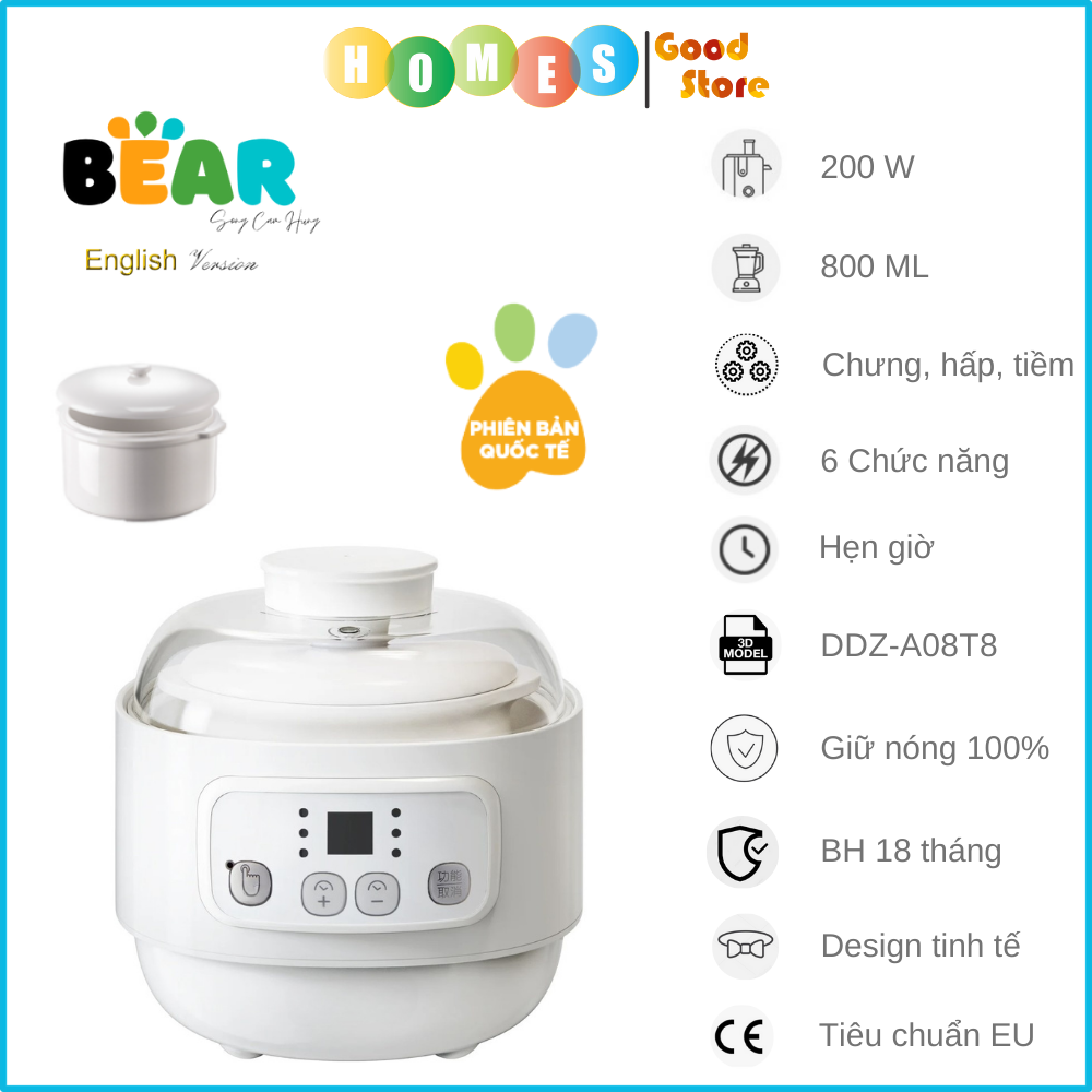 Nồi Nấu Cháo Chưng Yến Tiềm Thuốc Bắc Bear DDZ-A08T8 - Bản Tiếng Anh Có Kèm Khay Hấp Dung Tích 0.8 Lít Công Suất 200 W - Hàng Chính Hãng