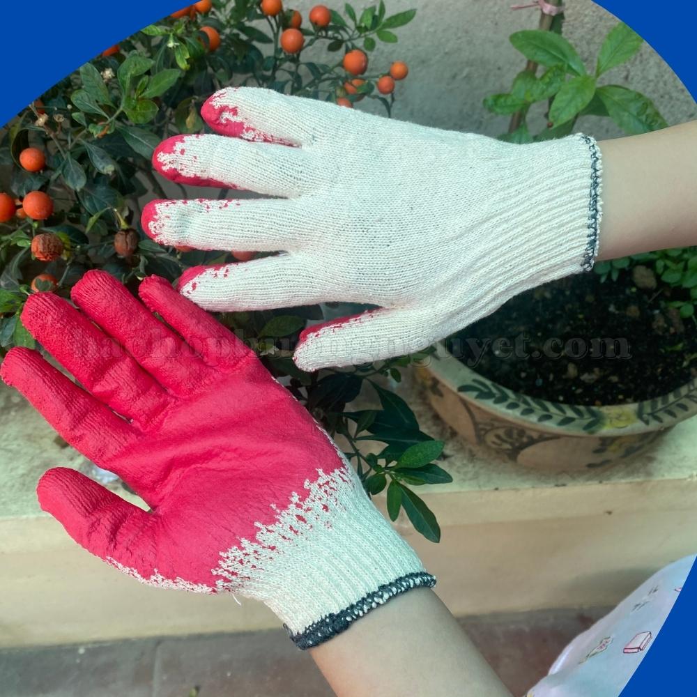10 đôi găng tay bảo hộ chất liệu vải sợi dùng để làm việc,chống trơn trượt phủ sơn đỏ(1 đôi)