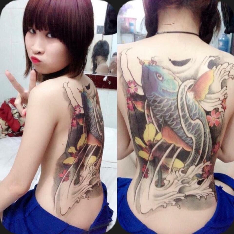 Hình xăm dán kín lưng cao cấp cá chép màu 34x48cm