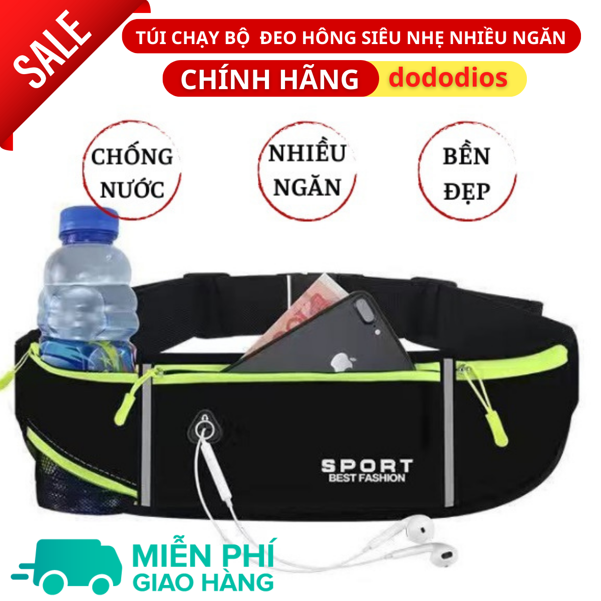 Túi Đeo Bụng Chạy Bộ dododios Chống Nước, Túi Đeo Hông Đựng Điện Thoại Có Ngăn Để Chai Nước Tập Thể Dục - Hàng chính hãng dododios