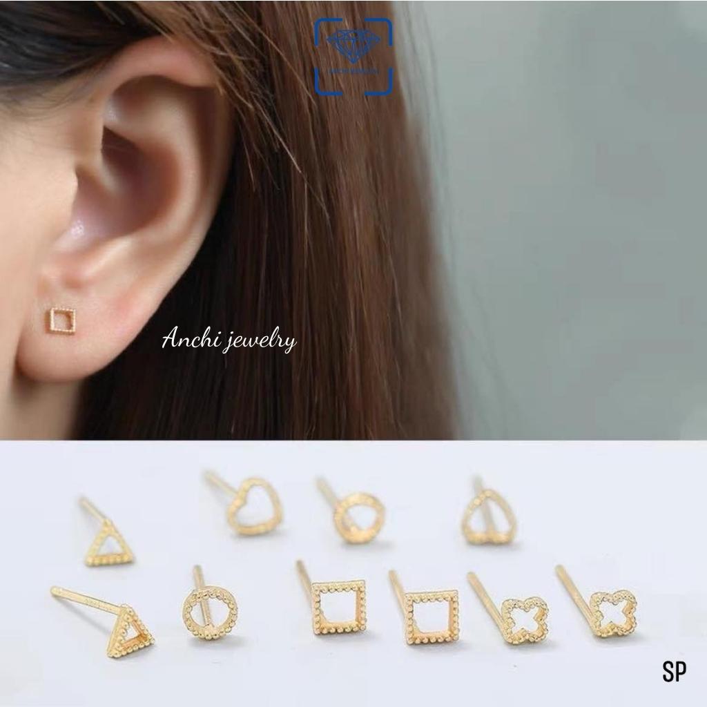 Bông tai hình trái tim/ tròn/ vuông/ tam giác, khuyên tai nam nữ hình học bạc mạ vàng cá tính, trang sức Anchi jewelry