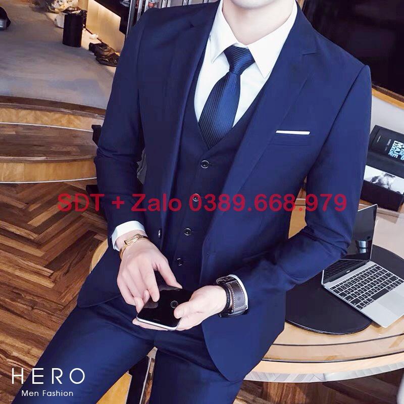 Bộ vest nam cao cấp Hàn Quốc màu xanh dương, Bộ Suit Nam Hàn Quốc Vải Sịn
