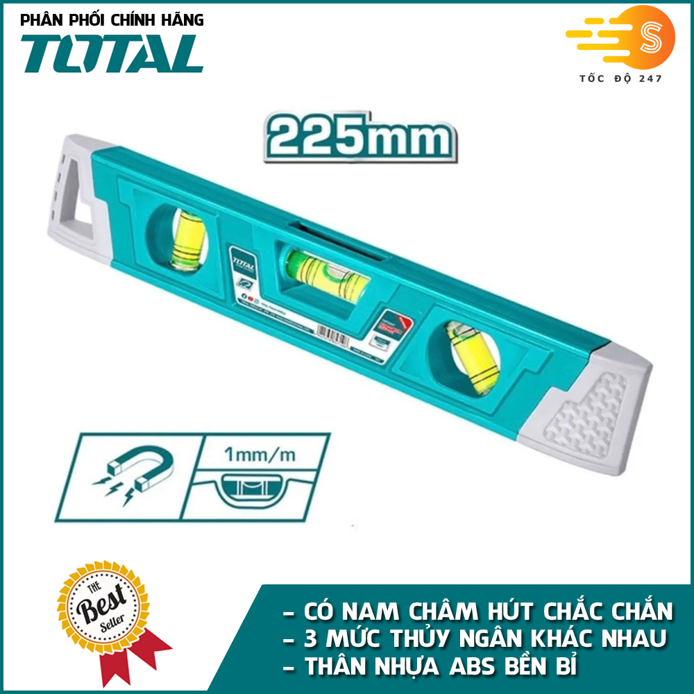 Thước thủy mini 225mm có nam châm hút TOTAL TMT2267 - 3 mức thủy, thân nhựa ABS, độ chính xác cao, nhỏ gọn tiện dụng, chống nước