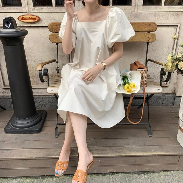 Đầm Midi Thiết kế Cổ vuông Thanh lịch Tay bồng Ngắn tay Form rộng Ulzzang Hàn Quốc Váy Midi dài Tay ngắn Mùa Hè