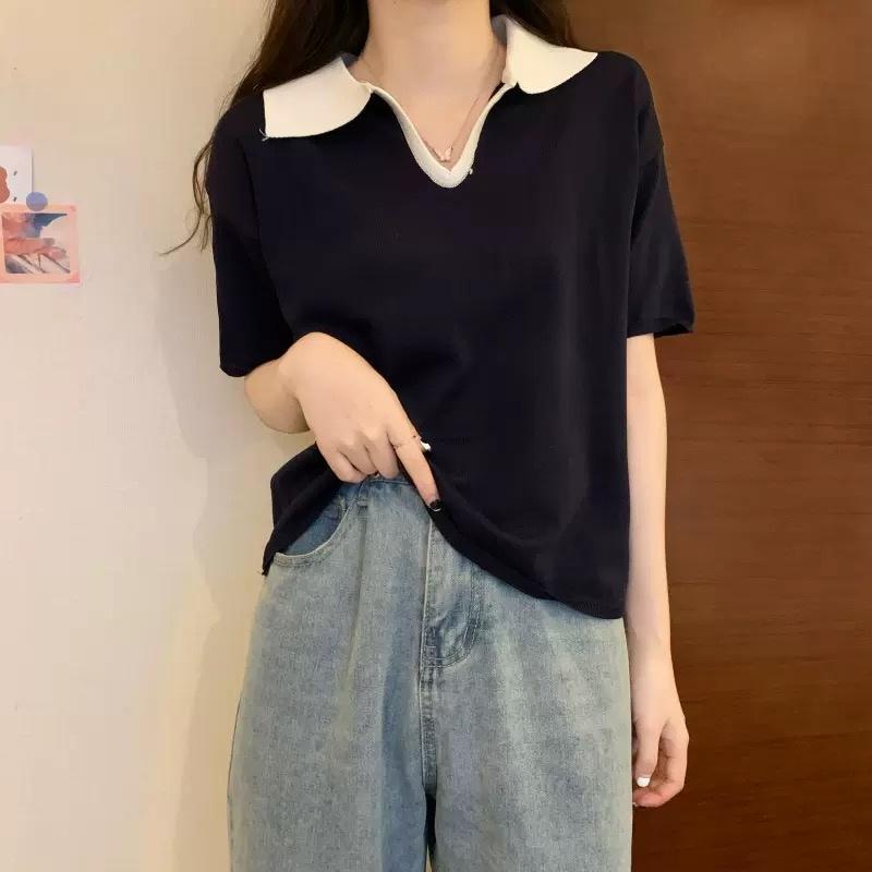 MS670 Áo polo len dệt kim cổ bẻ chữ V phối màu