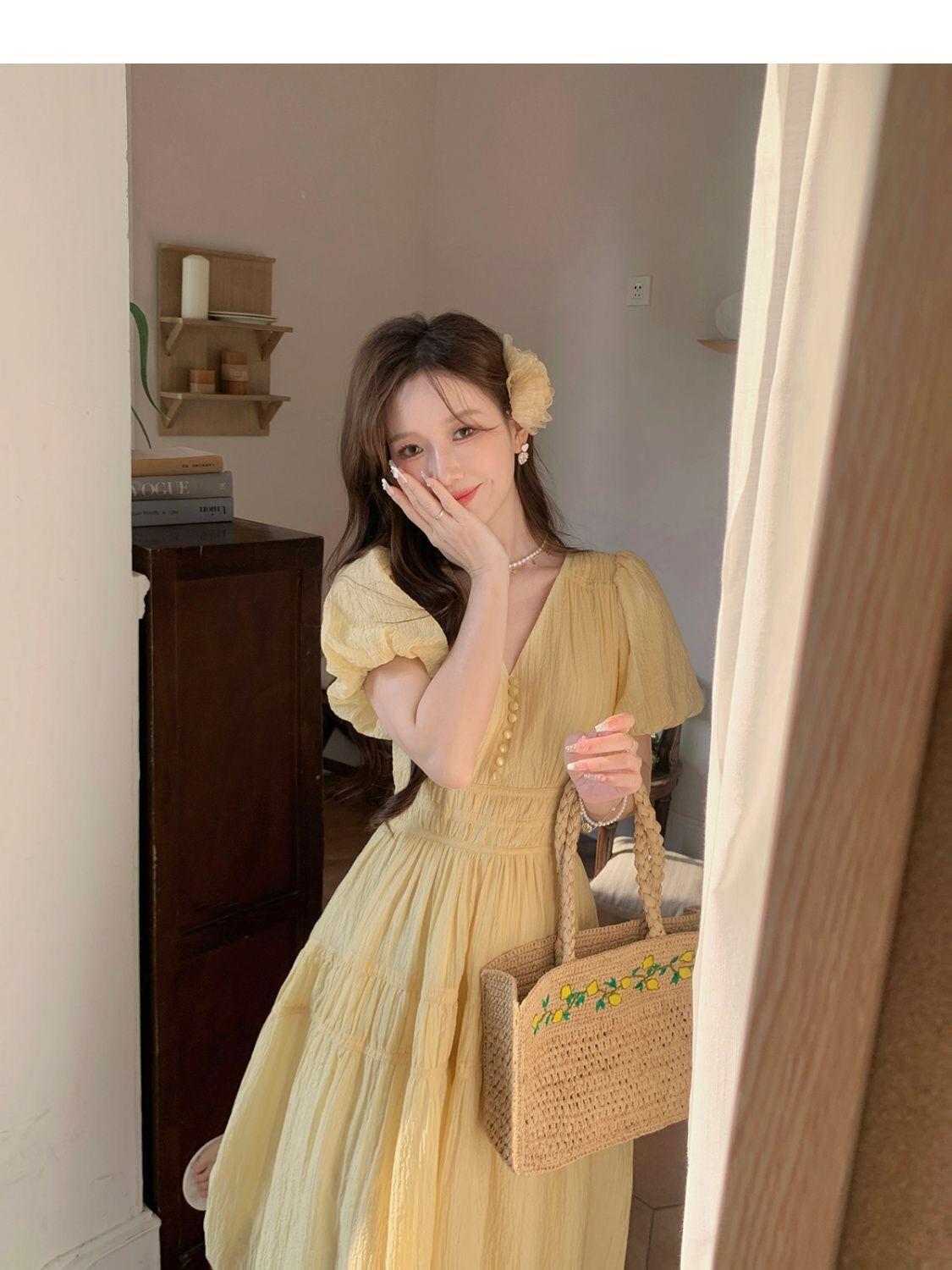 TOBE1SHOP DbyDoi Pháp Vintage dịu dàng gió hiển thị gầy v-cổ tiên nghỉ mát gió váy đầm đầm dài cho trẻ em mùa hè