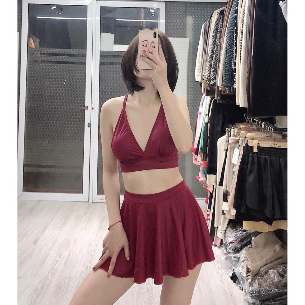 freeship Bikini dáng váy xòe màu đỏ đô hai mảnh nữ tính kín đáo mặc đi biển đi bơi