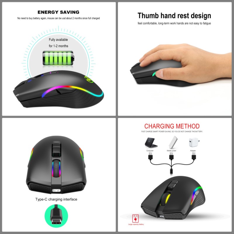 Chuột Không Dây Pin sạc T26 Gaming led RGB Cổng sạc TypeC chống mỏi cổ tay cho máy tính laptop