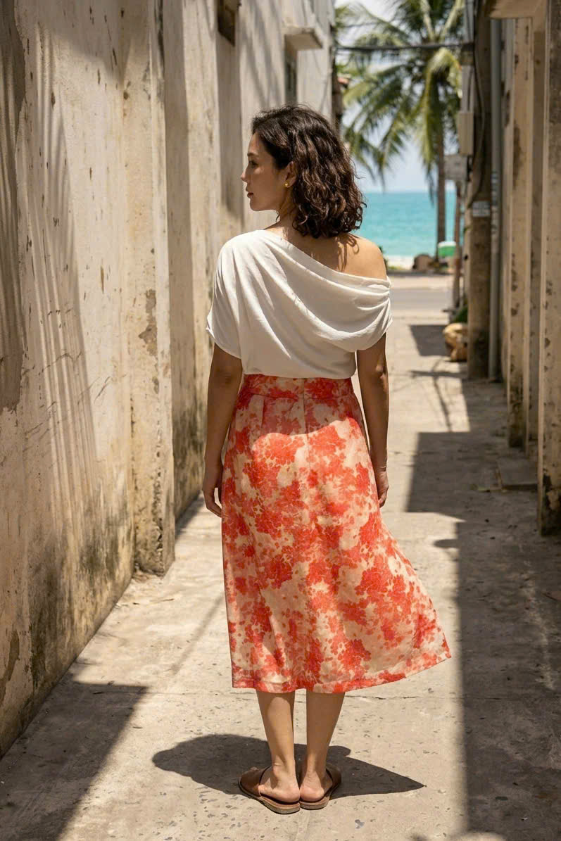 Váy Midi Ramie In Hoa Thanh Minh Ski055 Thời trang Hity