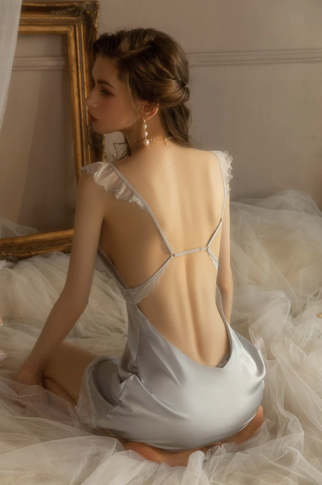 Váy Ngủ Satin Hai Dây Phối Ren - B.Lingerie
