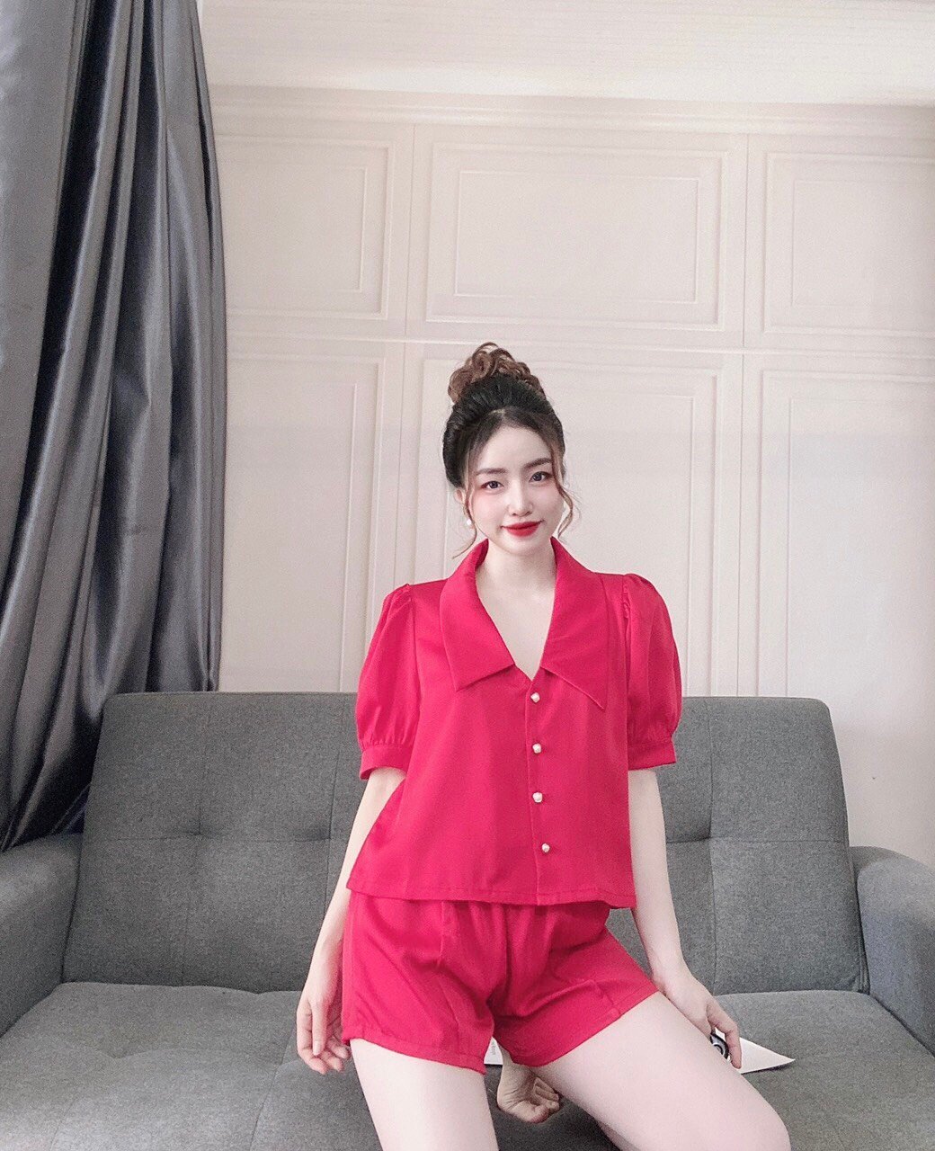 [5 màu] Bộ nữ mặc nhà - Bộ Sen Nhọn Tay Ngắn Quần Ngắn Lụa LATIN Đẹp, Mát, Ít Nhăn, Đường May Đẹp-SN003N - HELI