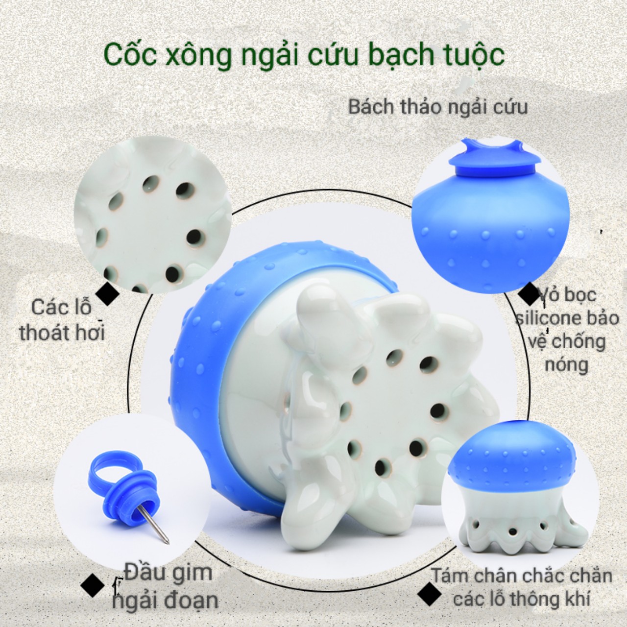 Cốc xông hơ ngải cứu massage đầu cổ vai bằng gốm sứ hình bạch tuộc
