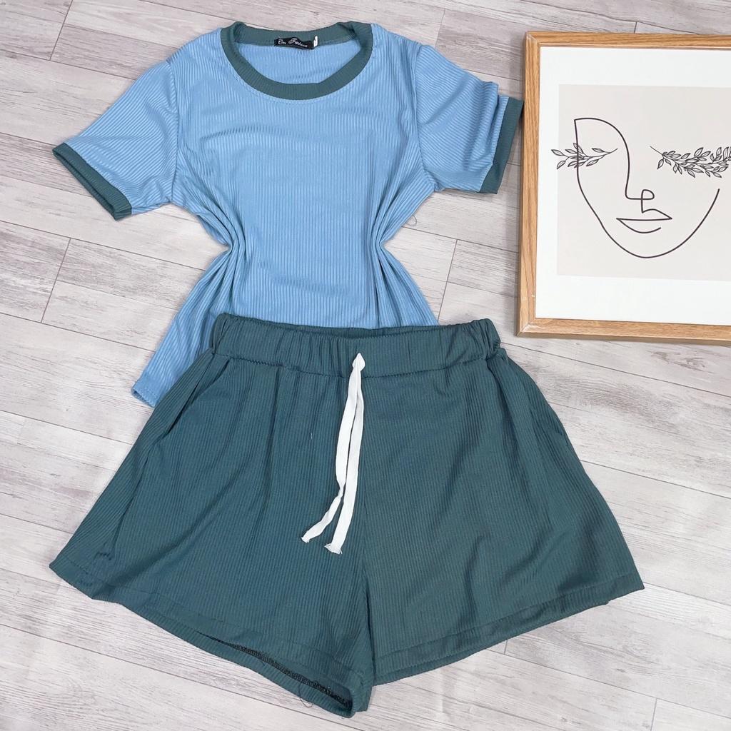 Set bộ bigsize nữ 2 món gồm áo thun cổ tròn viền kết hợp quần đùi thun cột dây hàng thiết kế chất liệu gân- SET11