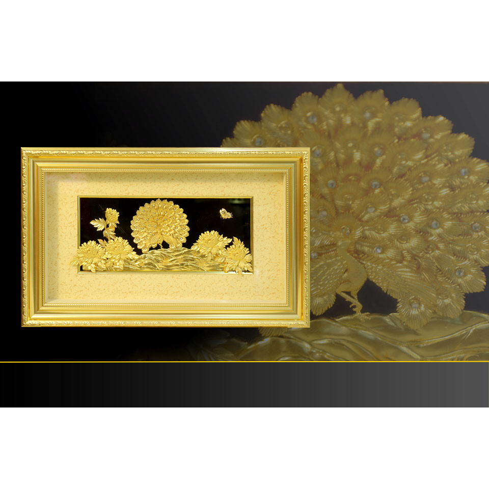 Tranh chim Công vàng lá 24k - Quà tặng sếp nữ cao cấp