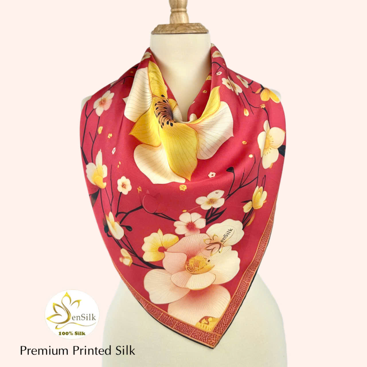 Khăn in Lụa 100% Tơ Tằm SenSilk Hoa Đào - Quà Tặng Doanh Nghiệp Tinh Tế - Square Silk Scarf Printed - Khăn Lụa Tơ Tằm Thuần Việt