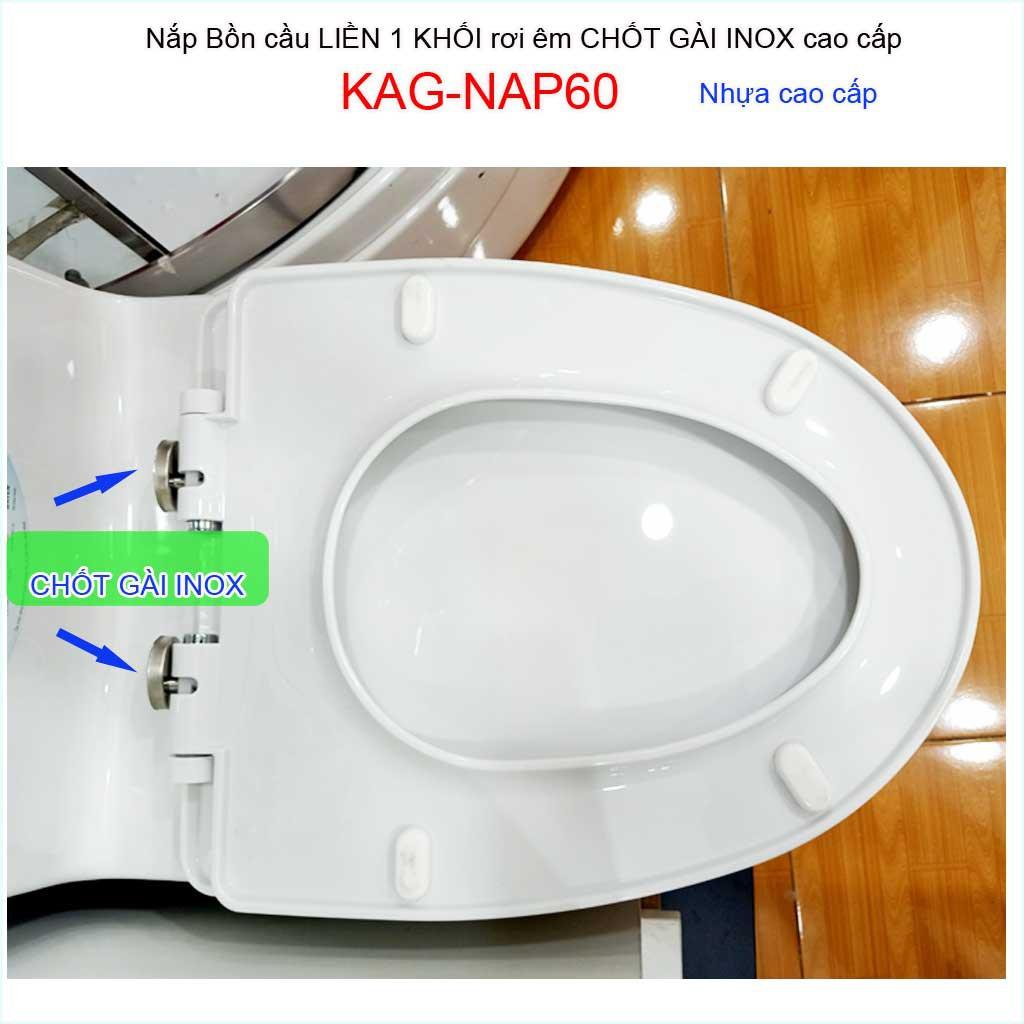 Nắp đậy bàn cầu 1 khối rơi êm chốt gài Inox KAG-NAP60, nắp bồn cầu khối liền khối cao cấp nhựa dày bóng siêu tốt