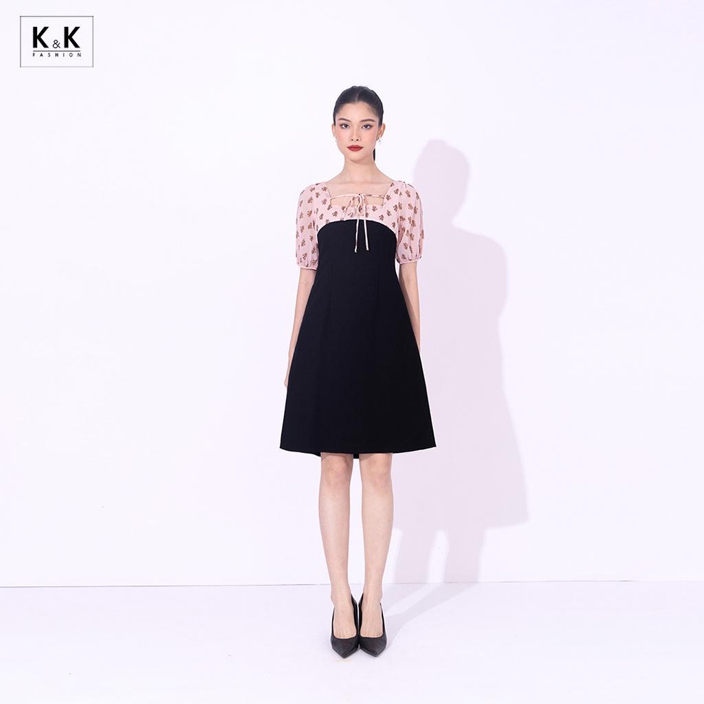 Đầm Chữ A Màu Đen Phối Màu K&amp;K Fashion KK117-14 Chất Liệu Tuyết Mưa Phối Voan Gân