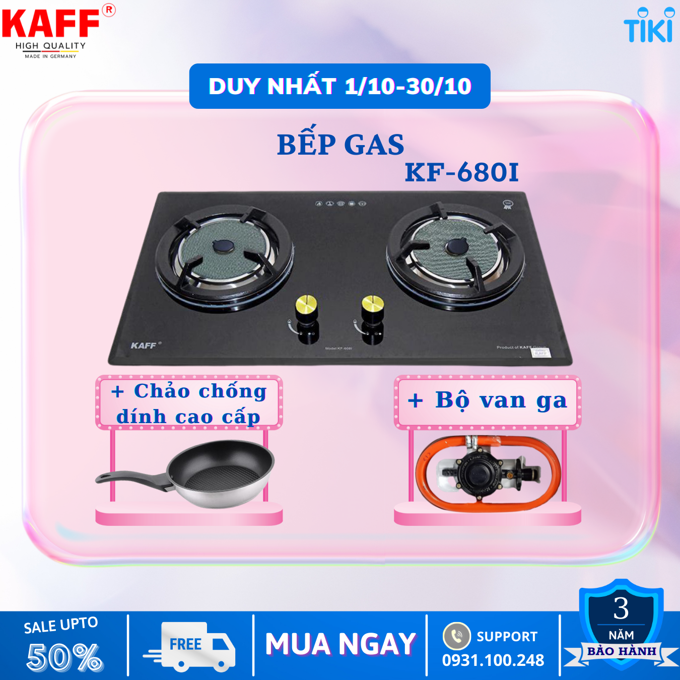 Bộ Bếp ga âm KAFF KF- 608I bao gồm: Bếp ga + chảo chống dính cao cấp + bộ van ga - Hàng chính hãng