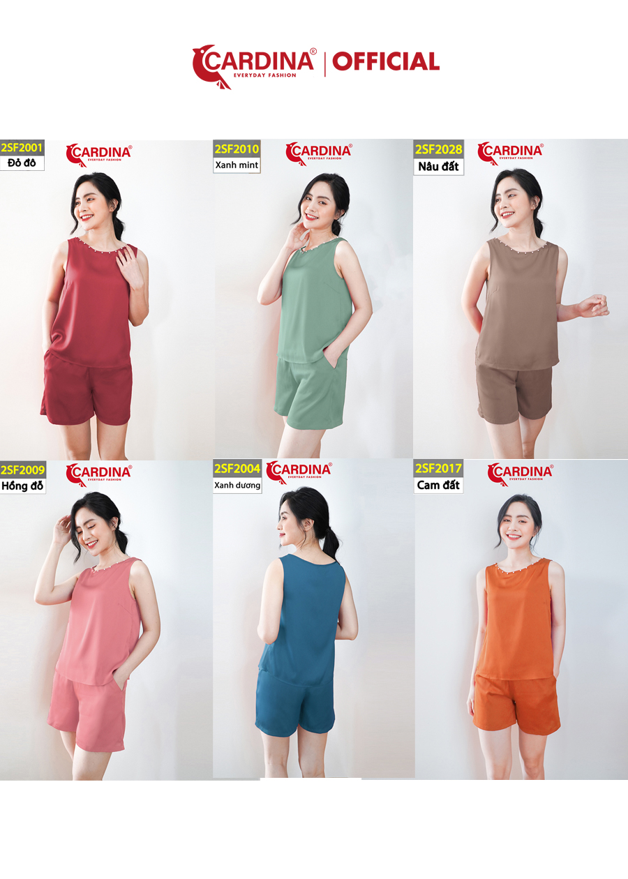 Đồ Bộ Nữ CARDINA Chất Lụa Satin Cao Cấp Quần Đùi Áo Sát Nách Cổ Đính Cúc Ngọc 2SF20