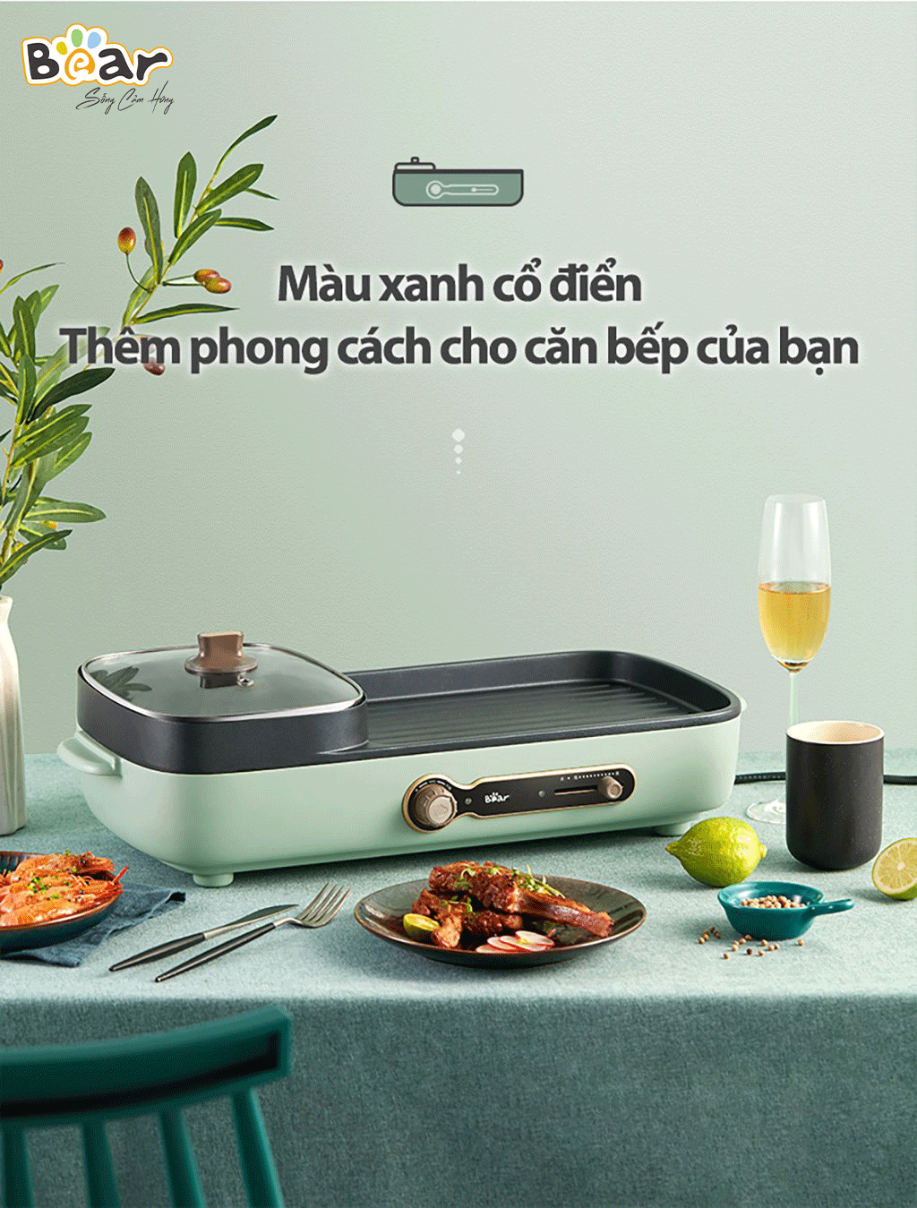 Nồi Điện Đa Năng, Bếp Nướng Điện Không Khói BEAR DKL-E12D2 Dung Tích 2L, Công Suất 1200 W - Hàng Chính Hãng