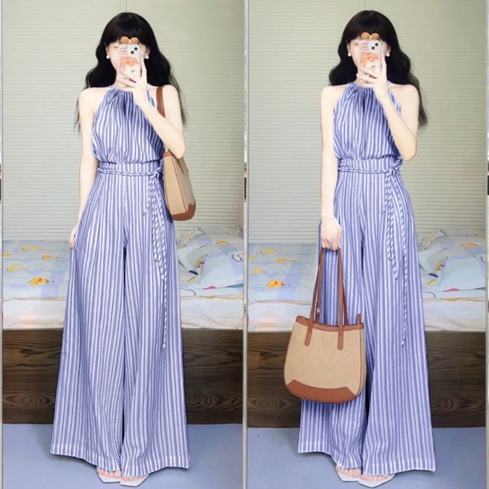 SET ÁO 2 DÂY YẾM SUÔNG TRƠN SÁT NÁCH CROPTOP + QUẦN DÀI ỐNG RỘNG LƯNG CAO SỌC JUMPSUIT ĐI BIỂN DẠO PHỐ ĐI CHƠI ĐI TIỆC