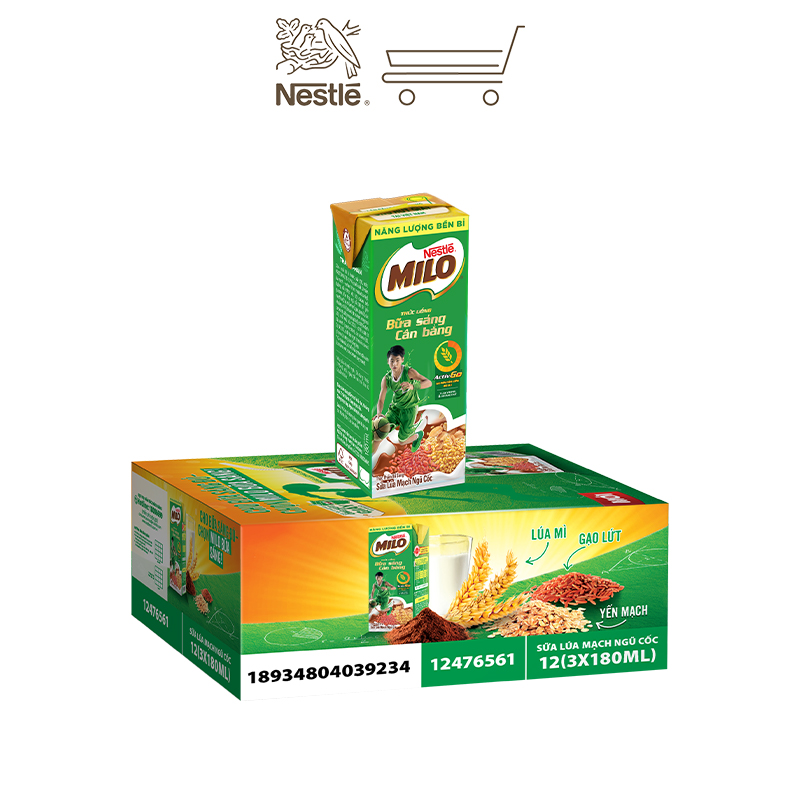 Sữa lúa mạch Nestlé Milo bữa sáng thùng 36 hộp x 180ml (12x3x180ml)