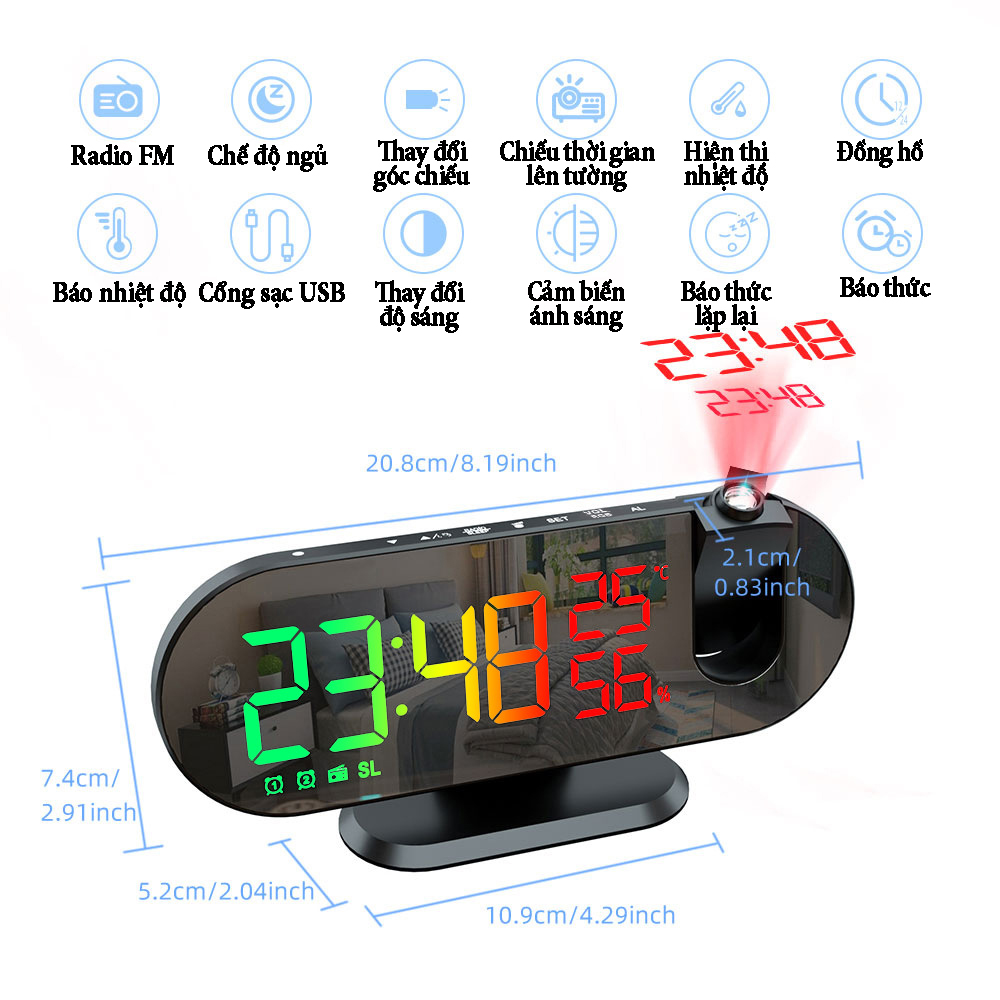 Đồng hồ kỹ thuật số hiển thị nhiều thông tin với màn hình led GRB chức năng chiếu thời gian lên tường, hỗ trợ sạc pin điện thoại, radio FM báo thức