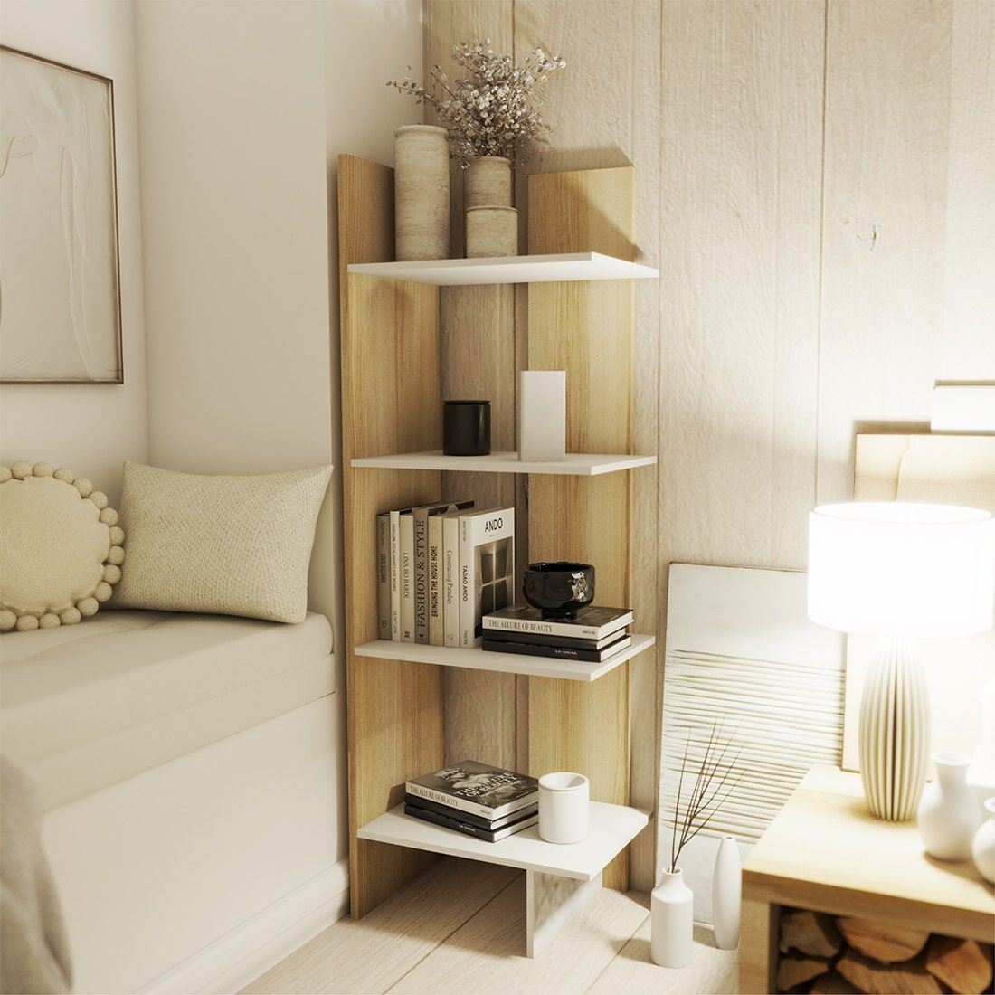 SB Furniture, KC-PLAY, Peak-M Shelf, White and Lindberg Oak, W45XD30XH120 Cm.