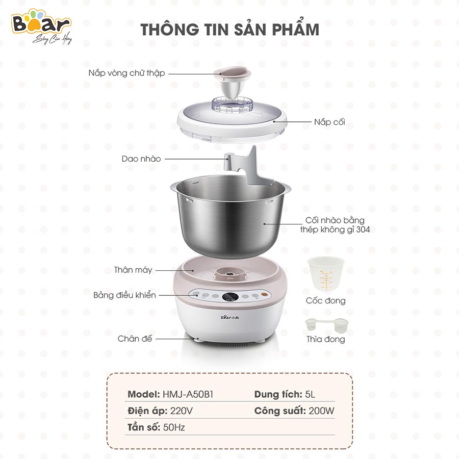 Máy Trộn Bột Bear DM-B50V1 5L Inox 304 , Ủ Bột , Nhào Bột , Nhồi Bột Nhanh , Công Suất Lớn , Chống Dính - Hàng Chính Hãng