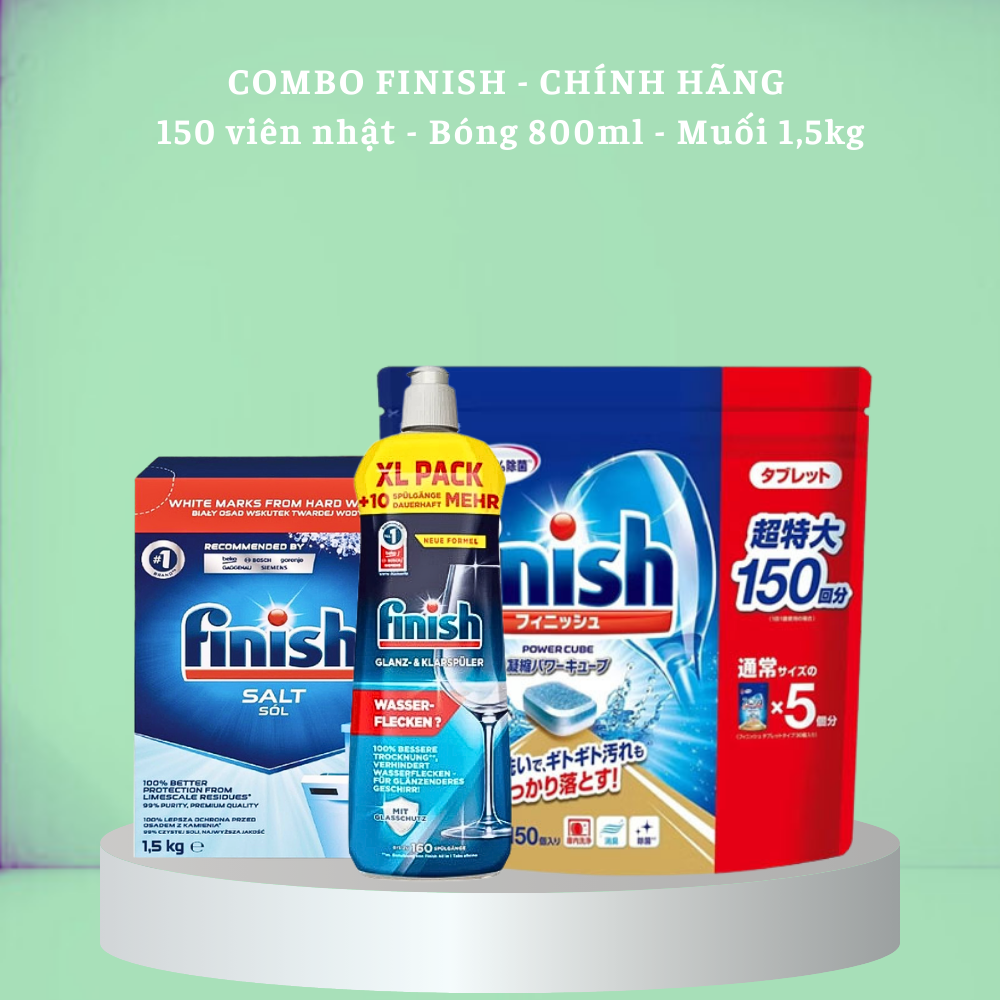 Nước Làm Bóng Finish 1150Ml100 Viên Rửa Bát Finish All In 1Muối Rửa Bát Finish 1.5Kg - Combo 150 Viên Muối 1.5Kg Bóng 800Ml