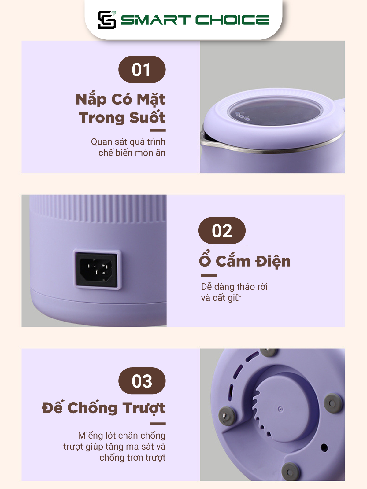 Máy Làm Sữa Hạt SmartChoice Hàng Chính Hãng SCG-SH002 Dao Xay 10 Lưỡi Bảng Điều Khiển Tiếng Việt, Không Tạo Bọt