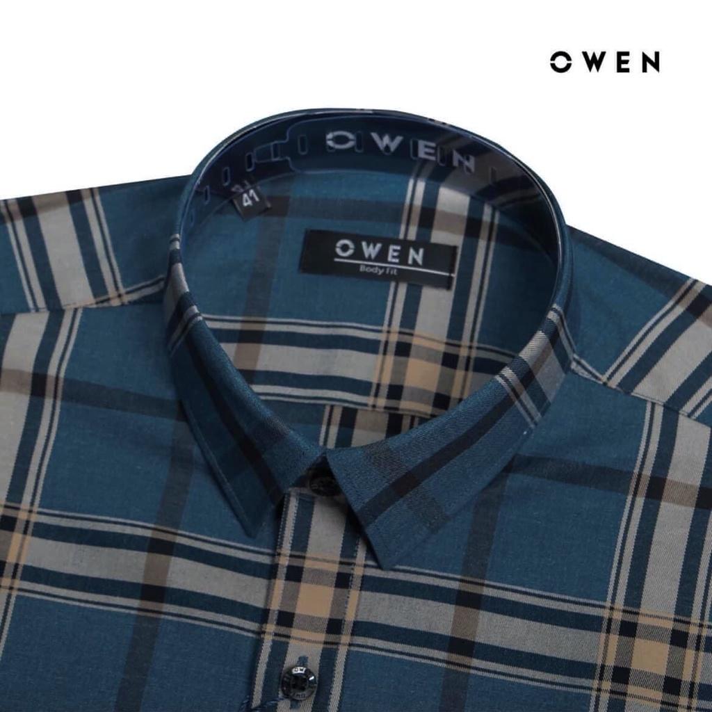 OWEN - Áo sơ mi ngắn tay Owen vạt ngang chất sợi tre 230038 kẻ ca rô xanh đậm