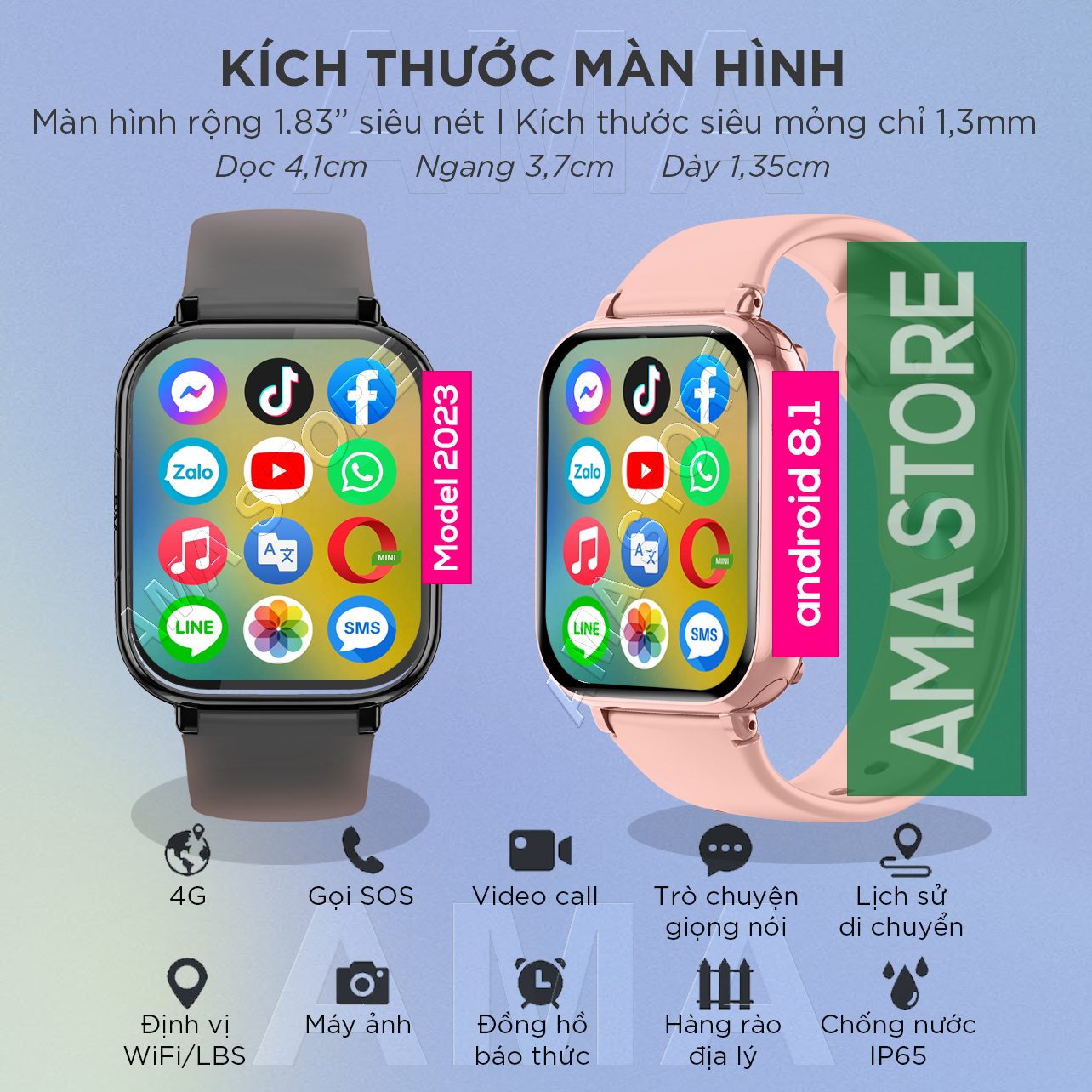 Đồng hồ Thông minh Định vị GPS gắn sim có ZaIo Messenger kết nối Wifi 4G Bluetooth xem Video Youtube TikTok nghe nhạc Online cho Trẻ em Học sinh Tiểu học THCS THPT chống nước Pin trâu AMA Smartwatch HW13 Android 8.1 2023 (Tặng Sim Viettel) hàng chính hãng