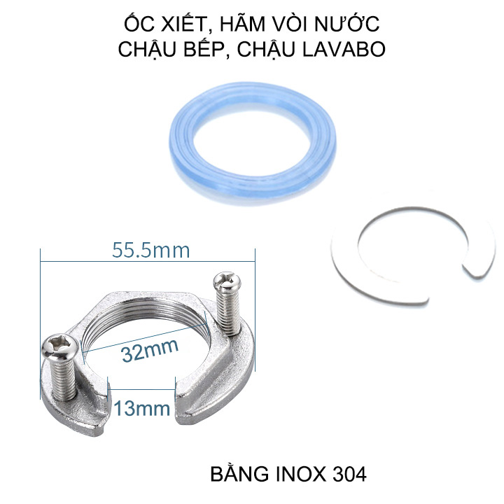 Ốc xiết cố định vòi chậu bếp, Lavabo, chống lắc lư, bằng inox 304 (Loại D32mm)