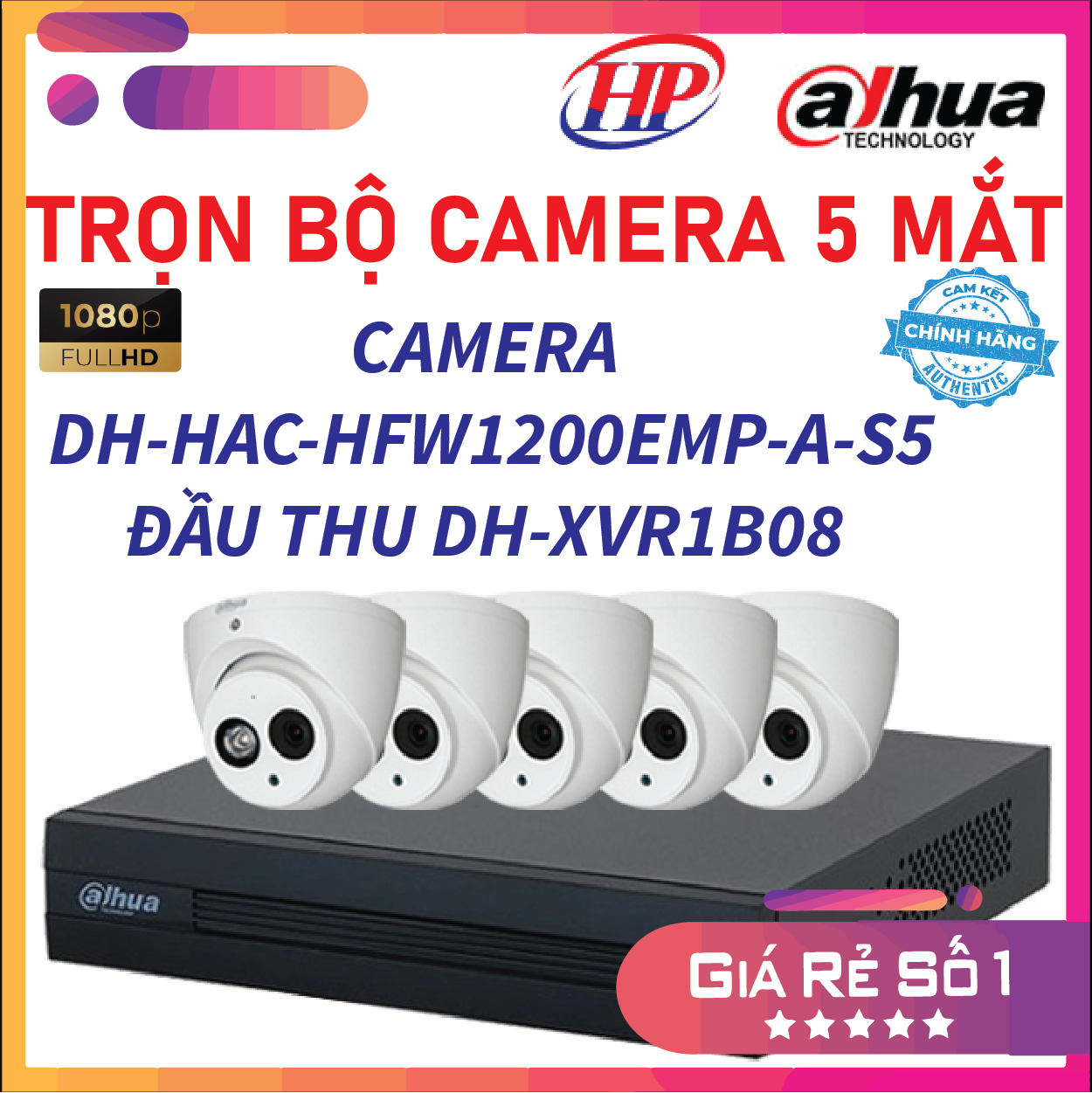 Trọn bộ 5 Camera HDCVI 2MP DAHUA DH-HAC-HDW1200EMP-A-S5 - Đầu thu 4 cổng DH-XVR1B08 đầy đủ phụ kiện, Hàng chính hãng