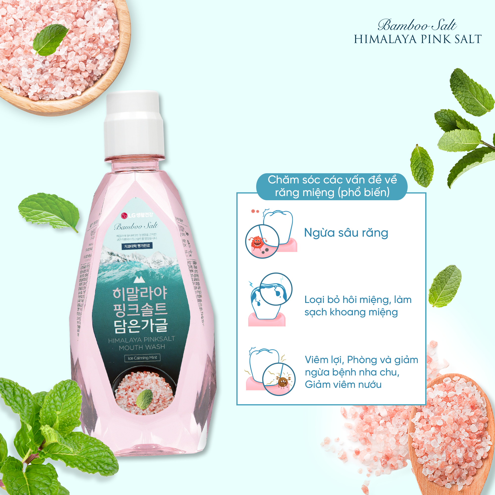 Nước súc miệng Bamboo Salt Muối Hồng Himalaya Hương Bạc Hà Mát Lạnh 760ml