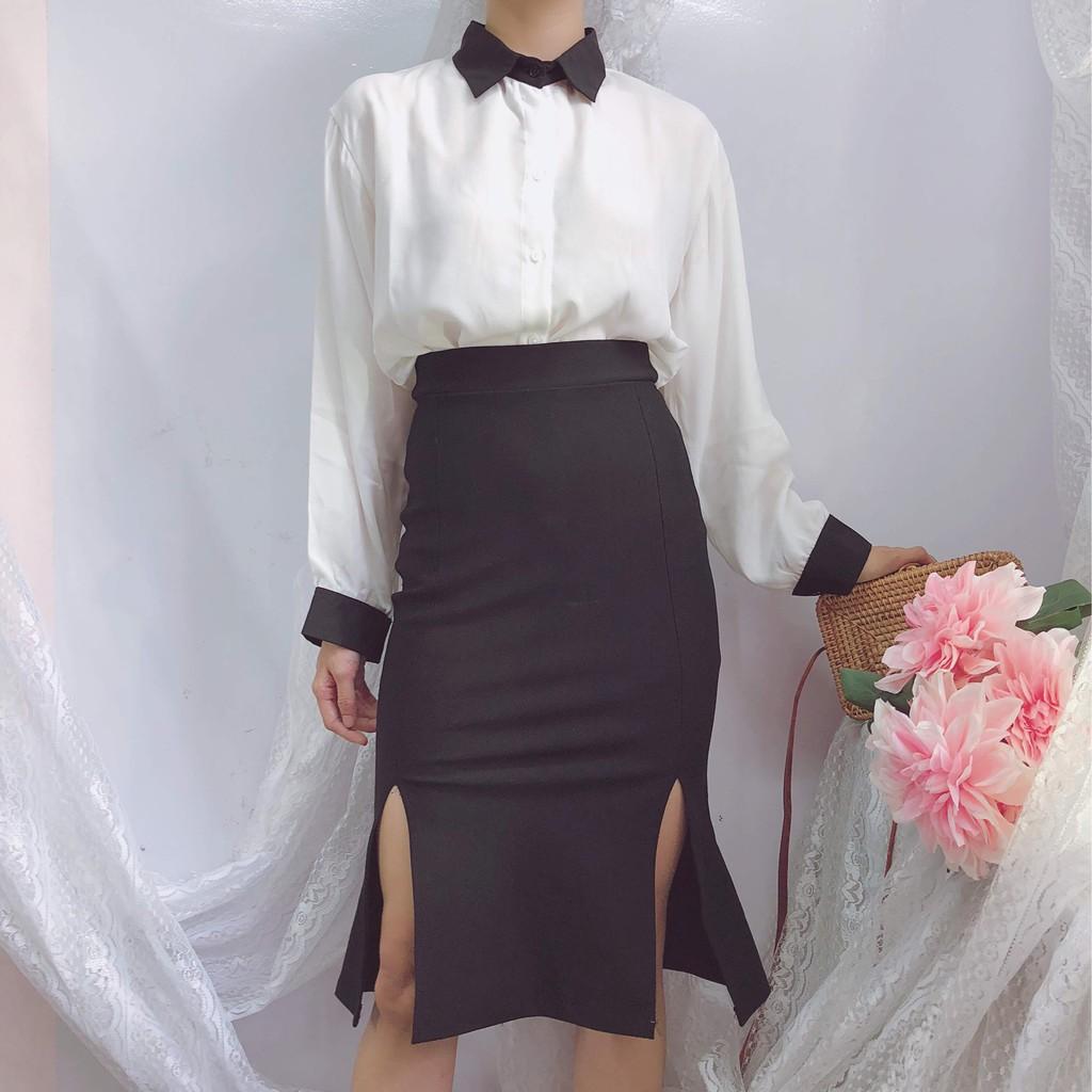 Chân váy công sở dài bigsize màu đen ôm body xẻ tà dài 63cm [size từ 48kg-85kg