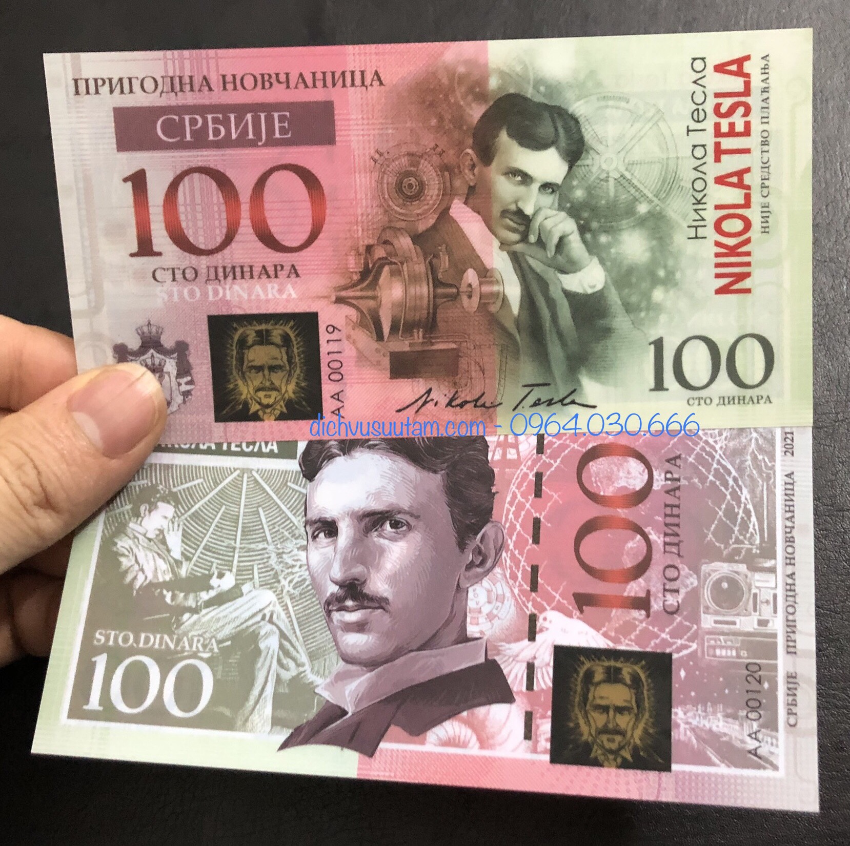 Tiền lưu niệm Nikola Tesla 100 dinara polymer cao cấp, có bảo an phát sáng, tặng kèm phơi bảo quản