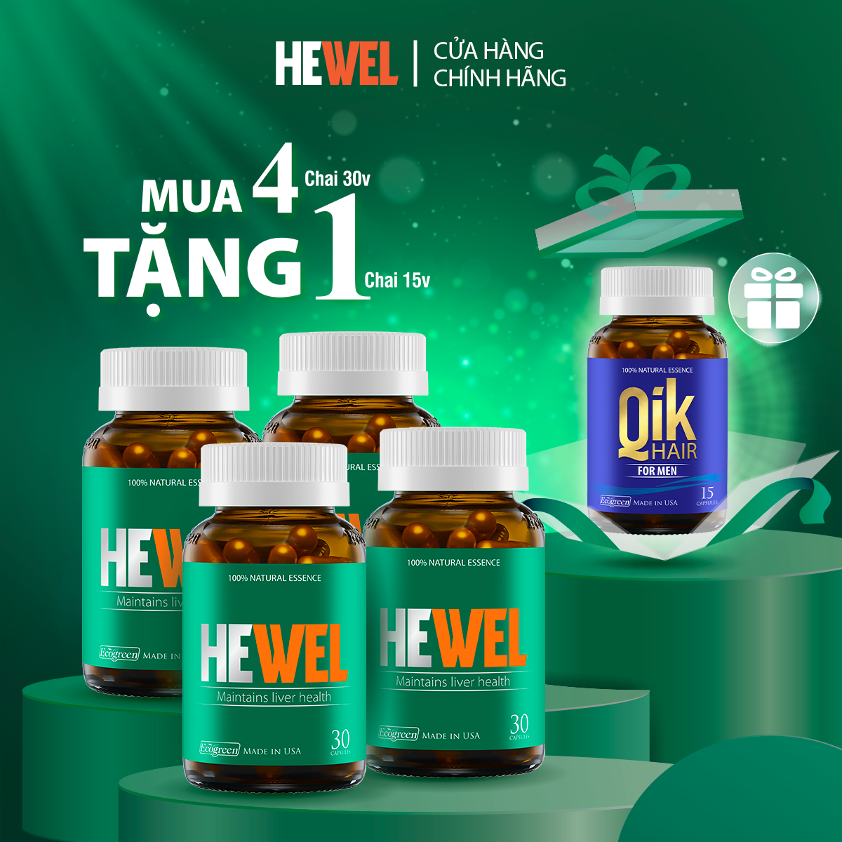 Combo 4 hộp HEWEL bổ gan 30 viên tặng 1 hộp QIK HAIR for Men 15 viên