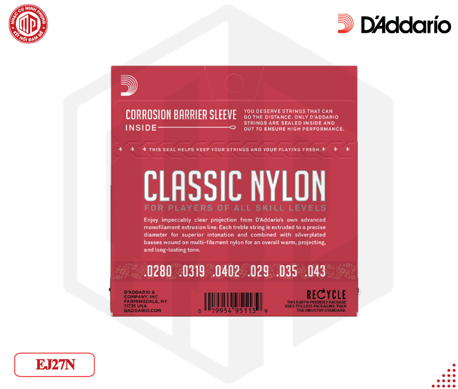 Bộ dây đàn Guitar Classic (Nylon) - D'Addario EJ27N - Normal Tension, Clear Nylon - Hàng chính hãng