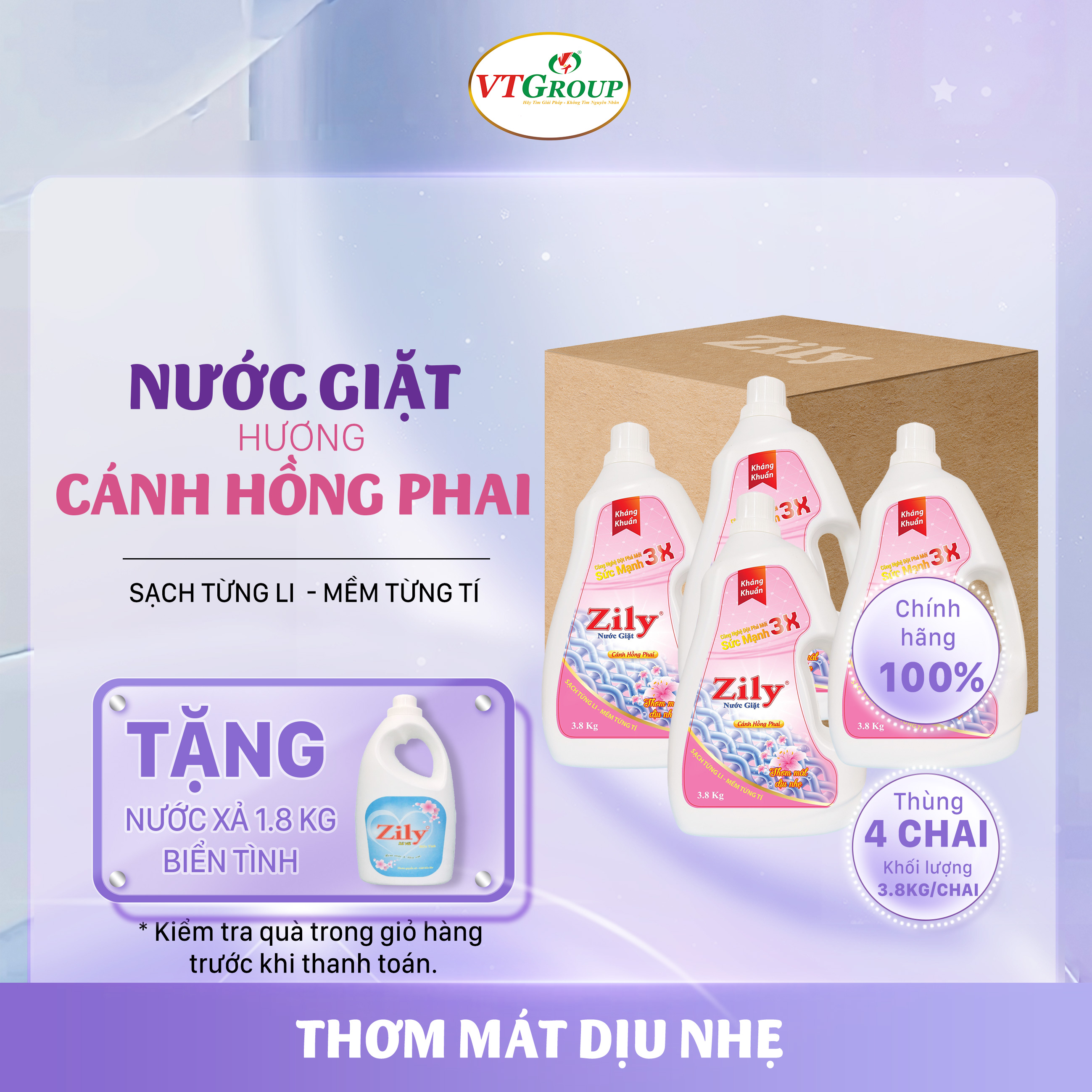 Nước Giặt Zily 3.8 Kg (4 Chai/thùng) - Tặng xả vải 1.8kg biển tình