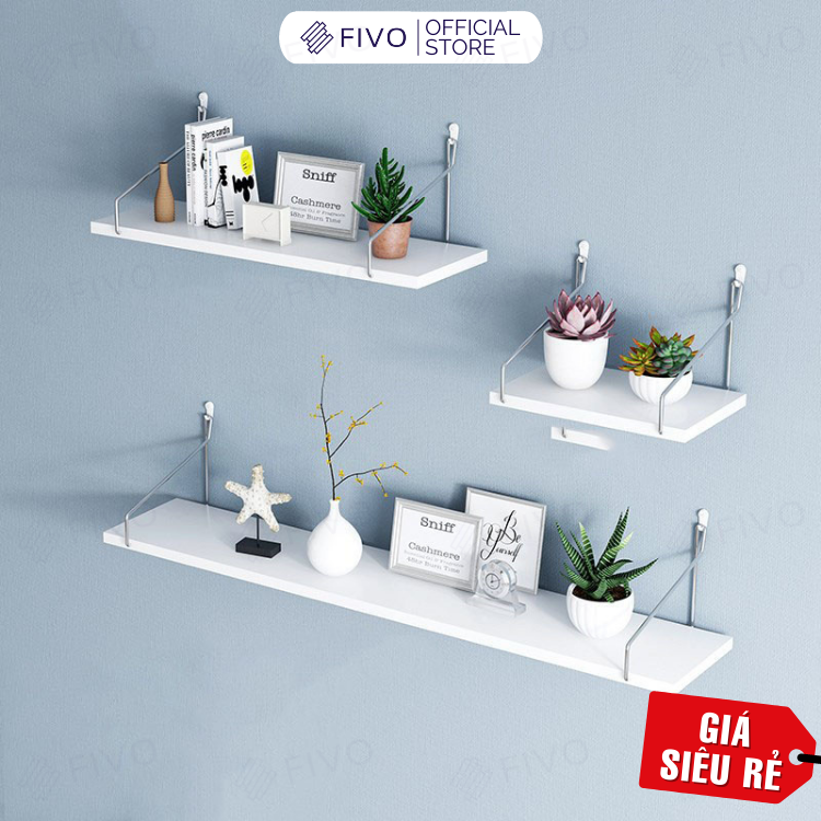 Kệ Gỗ Treo Tường Trang Trí Decord Thương Hiệu FIVO FB40 Không Cần Khoan Với Móc Treo Inox Dễ Dàng Gắn Lên Tường (Màu Trắng, Đen) - Hàng Chính Hãng