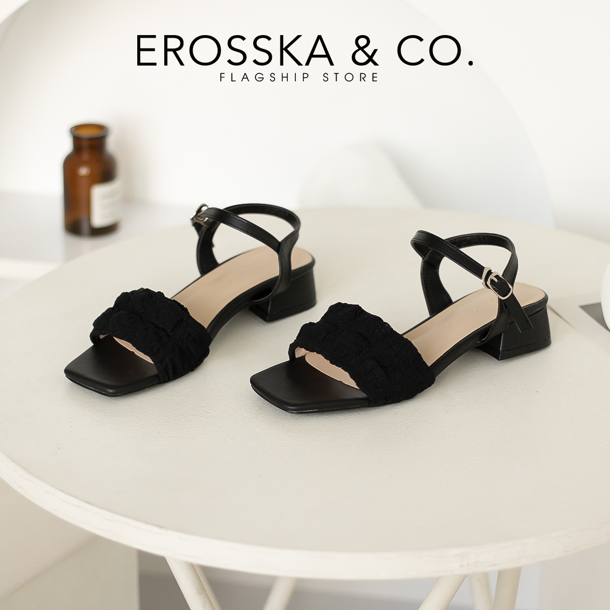 Erosska - Giày sandal cao gót nữ mũi hở quai ngang bèo nhún - EB053