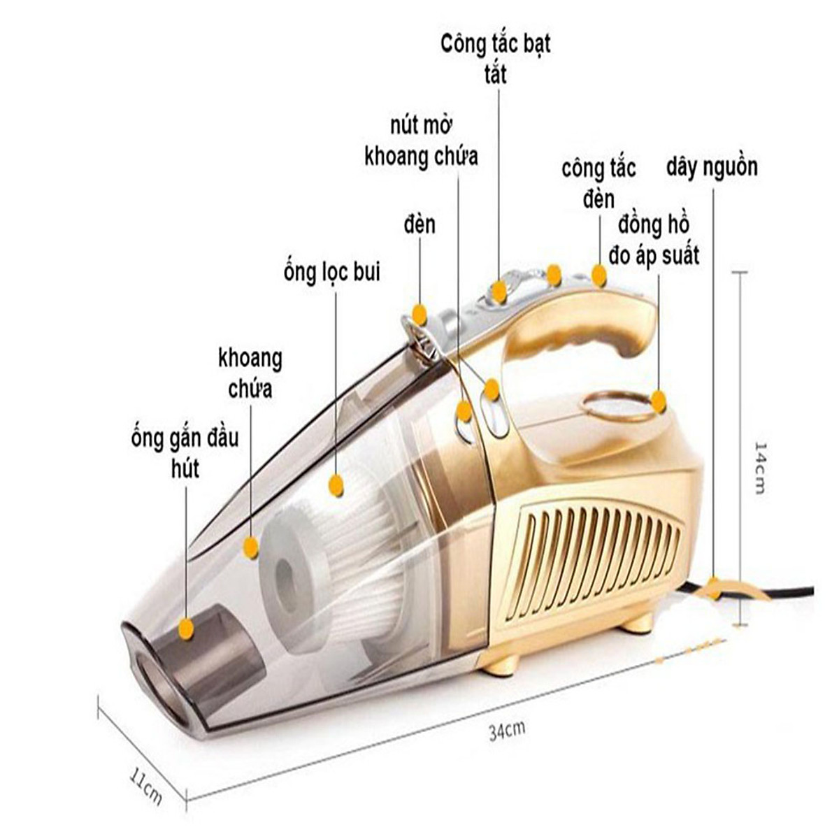 Máy hút bụi ô tô ,kiêm bơm lốp, đo áp suất lốp và đèn chiếu sáng, máy hút bụi ô tô đa năng, hút bụi ô tô 4 in 1, máy hút bụi ô tô cầm tay đa năng, máy hút bụi ô tô cầm tay 4 in 1