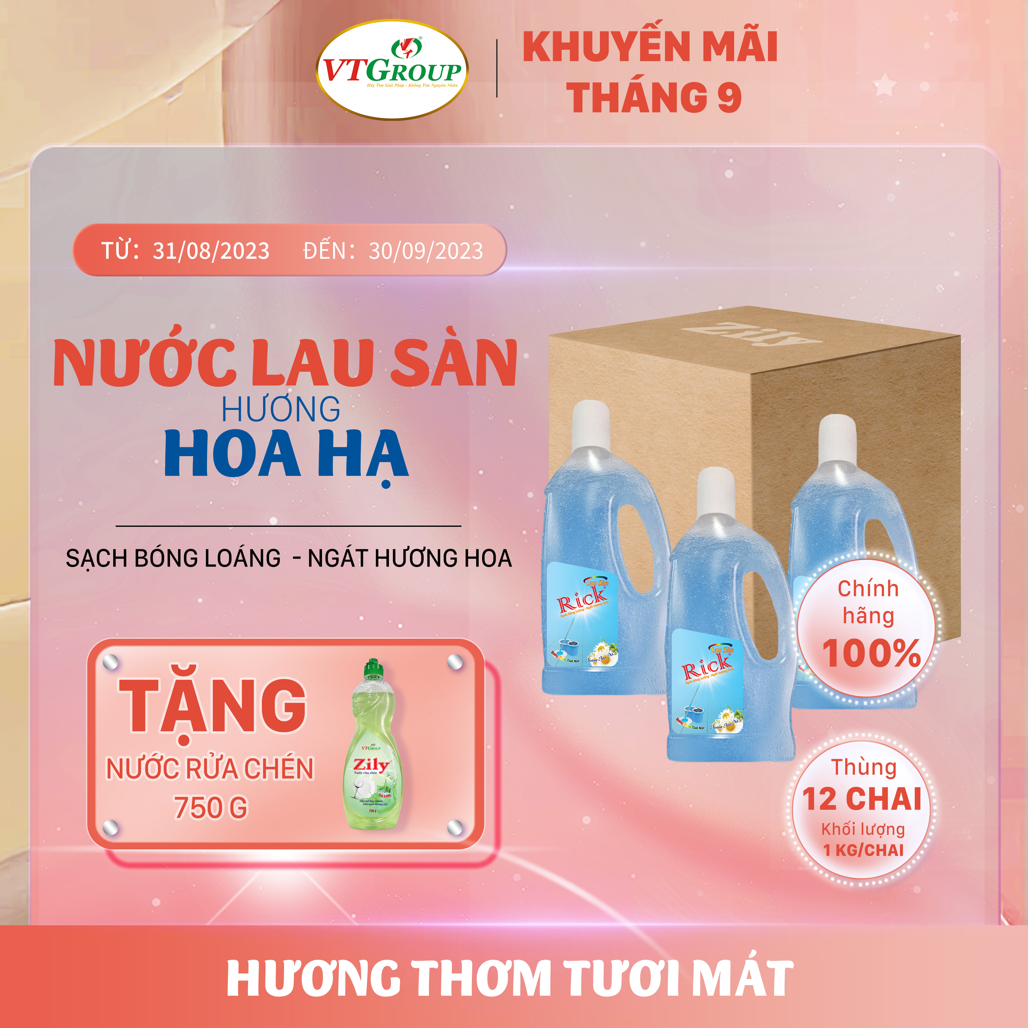 Nước lau sàn Rick 1kg (12 chai/thùng) - Tặng 1 chai rửa chén 750g