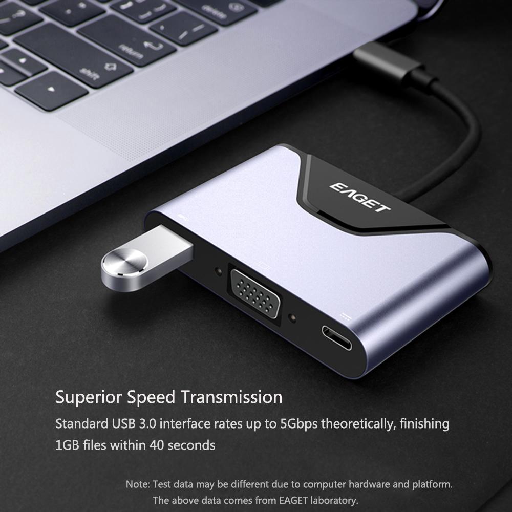 Bộ chuyển đổi EAGET Muli Chức năng Type-C sang C + VGA + USB 3.0 Male To Female