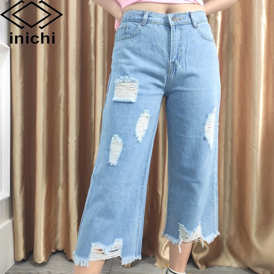 Quần baggy jean nữ Q702 xanh nhạt cạp cao kiểu rách form ống rộng INICHI Official